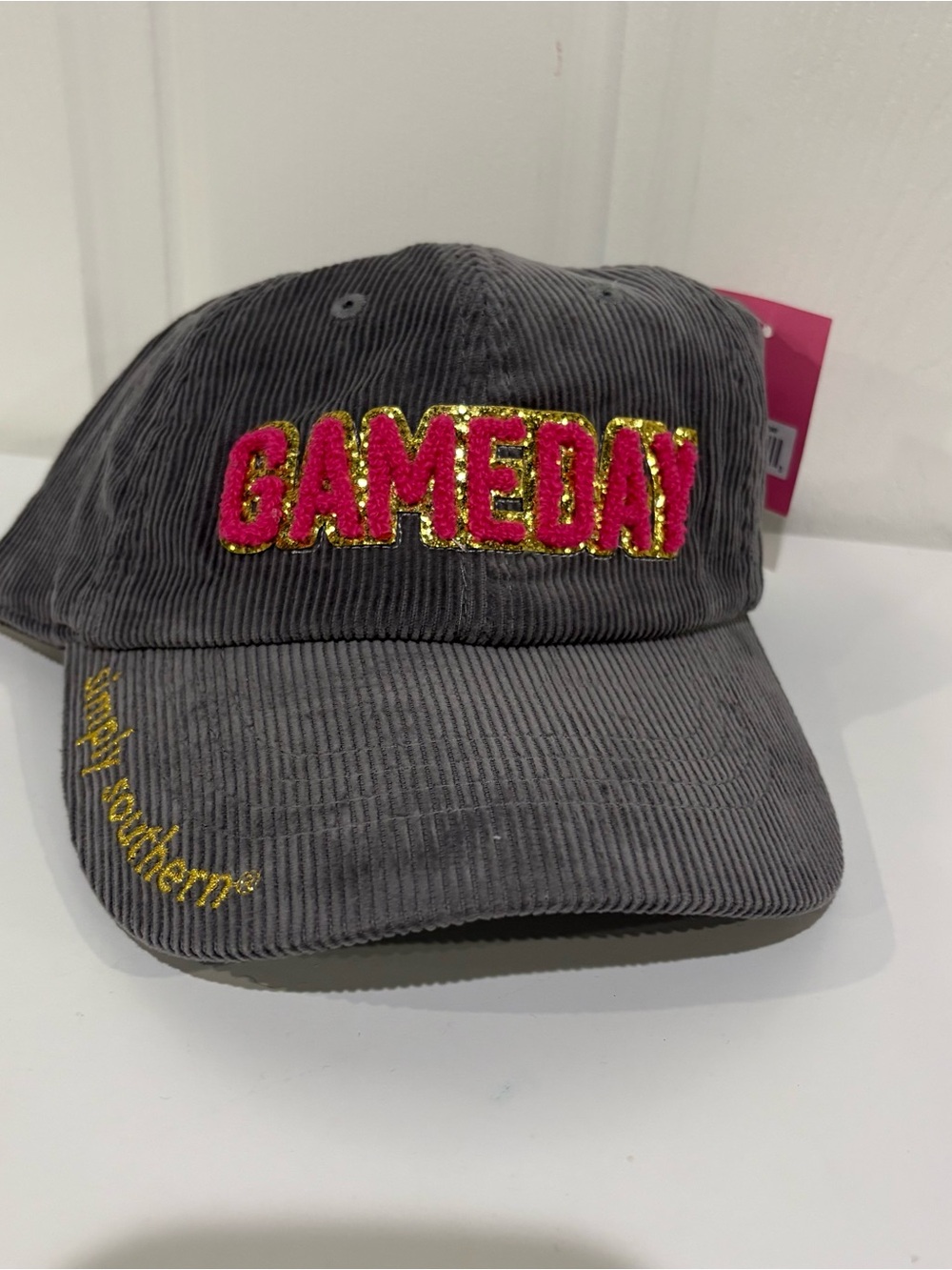 Simply Southern Gray Corduroy Cap with Pink & Gold GAMEDAY Embroidery
